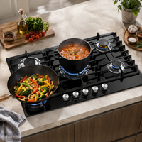 Table de cuisson encastrable transfrontalière 880 mm à 5 brûleurs, gaz liquéfié, allumage électronique, surface vitrocéramique, bouton-poussoir, classe énergétique A