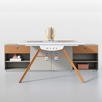 Poste de travail de bureau moderne pour 2 personnes avec cloison et armoire de rangement latérale pour espace de travail ouvert