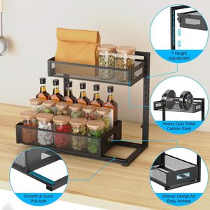 Étagère de rangement coulissante à double niveau en métal noir pour armoire de cuisine, design tiroir pour un accès facile - Product Image 1