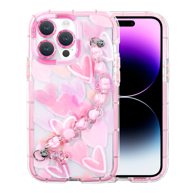 Girl Cute Love Glow in Dark Luminous Wrist Strap Bracelet Chain Phone Case for iPhone 15 14 13 12 11 Pro Max