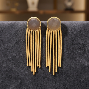 Nuevos Aretes Colgantes con Piedras Preciosas Gris Claro Dorado, Diseño de Cadena, Estilo Étnico para Boda o Compromiso - Product Image 3