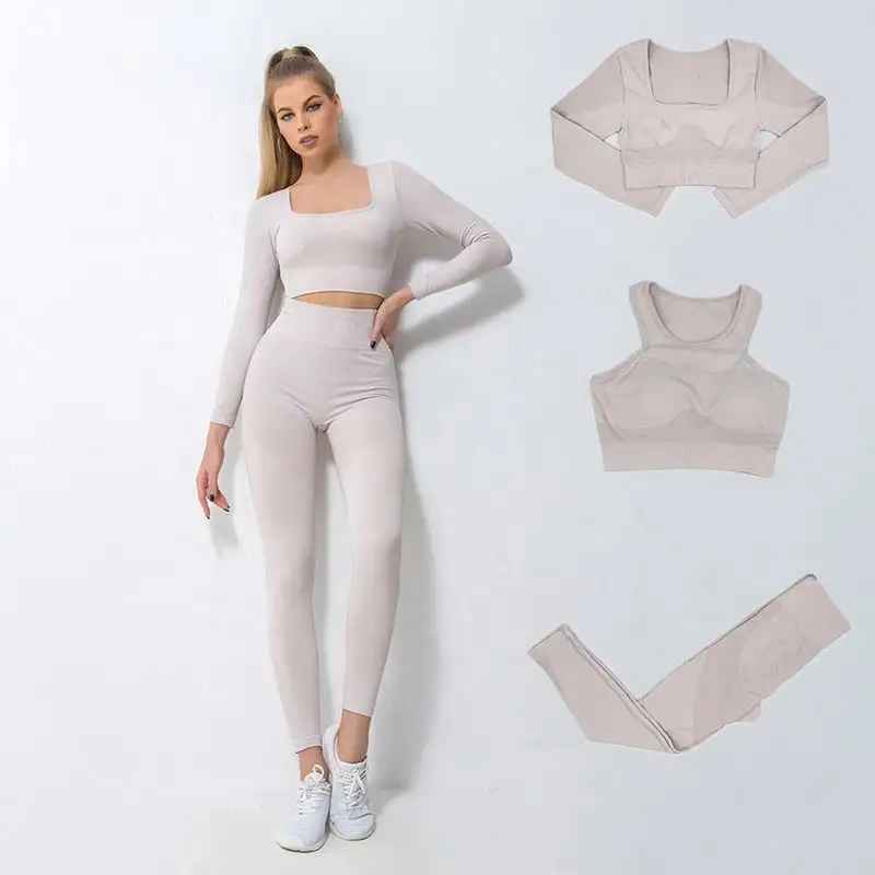 Hot Products Seamless Knitted Long-Sleeved Custom Fitness Set 3 Piece Beauty Back Fitness Yoga Wear With Popular Fashion