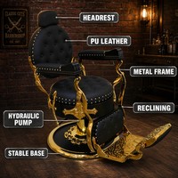 Fauteuil de Barbier Vintage de Luxe, Chaise de Coiffure Professionnelle Robuste avec Cadre Métallique Doré et Inclinaison Hydraulique