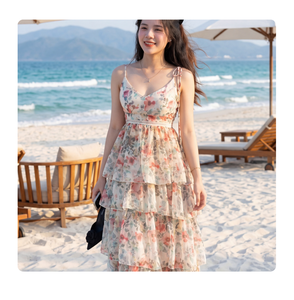 Womens Summer Casual Floral Chiffon Tiered A-Line <b>Maxi</b> <b>Dress</b> V Neck Spaghetti <b>Strap</b> Flowy Relaxed Fit Resort OEM ODM Wholesale - Product Image 1