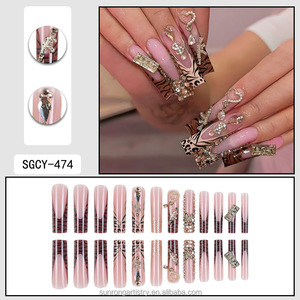 Ongles artificiels longs de qualité supérieure, imprimé léopard, ornés de diamants et de nœuds, style industrie lourde européenne et américaine - Product Image 4