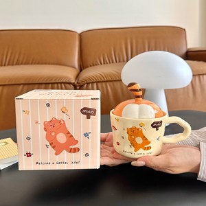 Tasse en céramique avec couvercle et poignée, motif queue de chat mignon, pour café, lait, cadeau pour femme, usage au bureau - Product Image 5
