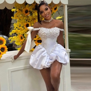 Robes de bal sur mesure en perles blanches de qualité supérieure, épaules dénudées, mini robes de mariage pour filles, robes de soirée Aso Ebi - Product Image 3