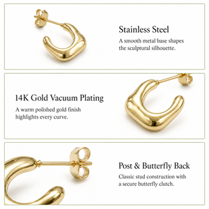 Boucles d'oreilles clous sculpturales en forme de goutte fluide, boucles d'oreilles créoles ouvertes en acier inoxydable plaqué or 14K sous vide, options de couleurs or et argent - Product Image 2