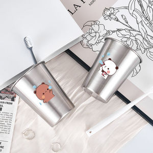 แก้วแปรงสีฟันสแตนเลสบับเบิ้ลแบร์ชุดคู่ ดีไซน์การ์ตูน แก้วล้างปากแบบเรียบง่ายสำหรับใช้ในห้องน้ำ - Product Image 1