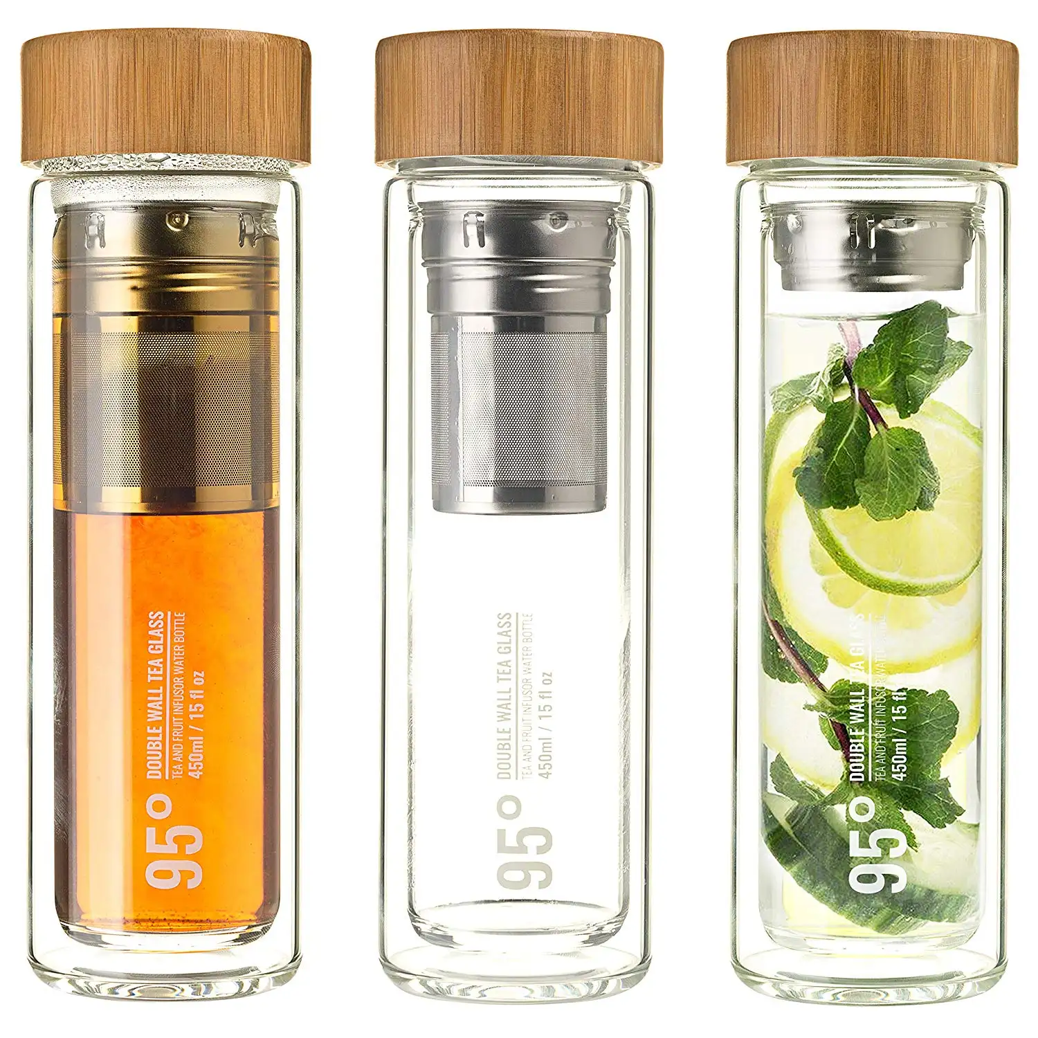 300ml 450ml 550ml Infuseur de fruits en verre borosilicate sans BPA avec couvercles en bambou bouteilles d'eau en verre à double paroi