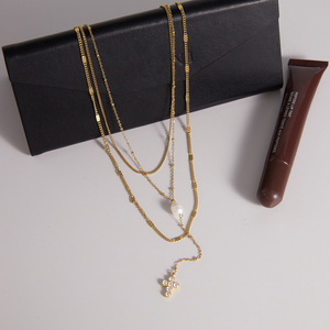 Collares de cadena en capas con dijes de perlas naturales y circonitas para mujer, collares apilados de acero inoxidable con cadena en Y para clavícula, joyería. - Product Image 4