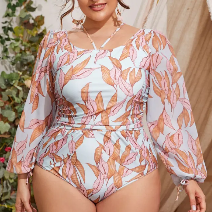 One Piece Plus Size Swimsuit 2021 Sexy Long Sleeve Swimwear Women Print Tankini Bodysuit Bathing Suit Beach Wear#1032