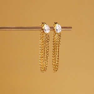<b>Chain</b> Tassel Drop Earrings Gold Plated Zircon Bezel Setting Everyday Wear Stainless Steel Jewelry - Product Image 4