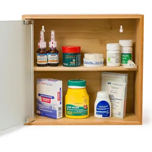 Armoire à pharmacie murale à 2 niveaux en bambou et verre avec serrure pour salle de bain ou usage domestique - Product Image 3