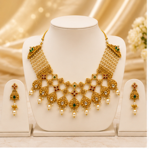 Classic 22K Solid Gold Antique Necklace and Earring <b>Set</b> with Zircon Freshwater Pearl <b>Beads</b> Geometric Design for Women Wedding - Product Image 6