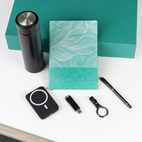 Ensemble cadeau d'affaires personnalisé le plus vendu : Carnet en PU motif feuille cyan, thermos, stylo, porte-clés, batterie externe et sac pour entreprise