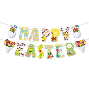Easter's Day Themed Party Accessories Background Decorations Paper Hanging Banner Bunting Pull Flag