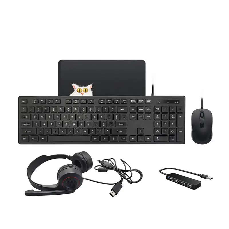 Headset Keyboard dan Mouse Kombo 5 dalam 1, tetikus bantalan tetikus kantor berkabel, Set Kombo OEM untuk siswa F3