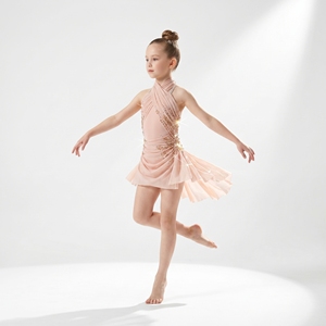 Vestido de Danza Lírica Personalizado con Volantes, Traje Profesional de Patinaje Artístico con Pedrería, Adornado con Cristales Dorados, Ropa de Danza Moderna - Product Image 1