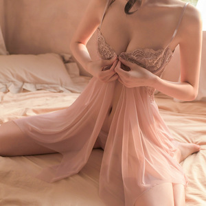 Sexy lingerie, lace-trimmed nightgown with underwire and front slit, perfect for late-night lingerie. - Product Image 1