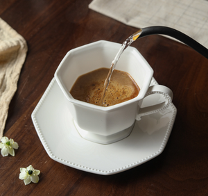 ชุดกาแฟเซรามิกสีขาวบริสุทธิ์สไตล์ยุโรป ดีไซน์ทรงแปดเหลี่ยม พร้อมจานรอง ชุดแก้วมัคระดับไฮเอนด์ และชุดถ้วยน้ำชาสำหรับจิบชายามบ่าย - Product Image 2