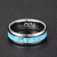 POYA Hot-vente Mode Tungstène Acier Anneau Turquoise Incrustation Bleu Ciel Mâle Femme Décoratif Casual Fête Festival Cadeau