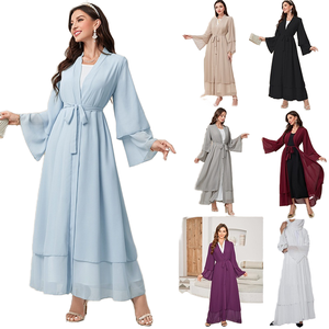 Abaya élégante à double couche de couleur unie avec ceinture, robe ouverte en mousseline, style décontracté d'été, collection - Product Image 1