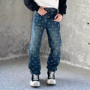 Pantalon en jean rétro pour homme, coupe crayon, délavé, avec blocs de couleur, imprimé jacquard intégral, style tendance, vente en gros transfrontalière - Product Image 2