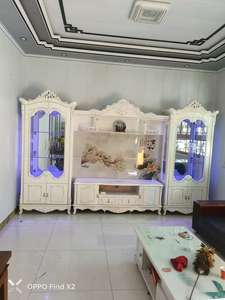 Ensemble Meuble <span class=keywords><strong>TV</strong></span> Classique Élégant Blanc, Dessus Décoratif avec Vitrine à Porte en Verre - Product Image 3