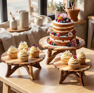 Support à gâteau rond en bois d'acacia avec bord festonné, plateau à cupcakes pour la décoration de mariage, fête ou cadeau - Product Image 5