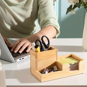 Wooden Stationery Storage Box Multi Compartment <b>Desk</b> Organizer <b>Solid</b> <b>Wood</b> Pen Holder Memo Clip Office Supplies Organizer - Product Image 1