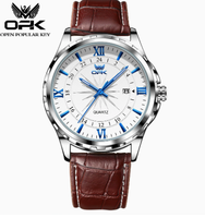 OPK 6003 Montre de luxe pour homme à quartz en acier inoxydable étanche 40 mm avec bracelet en cuir, éclairage nocturne, mode, affaires, sport