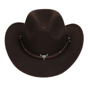 Chapeau de cowboy occidental à large bord en feutre pour enfants, avec accessoire tête de taureau en feutre à poils relevés, couleur unie - Product Image 2