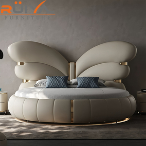 <span class=keywords><strong>Lit</strong></span> Double Rond de Luxe Moderne Italien Style Papillon en Cuir Véritable Crème, <span class=keywords><strong>Grand</strong></span> <span class=keywords><strong>Lit</strong></span> Doux de 2m pour Chambre Principale - Product Image 6