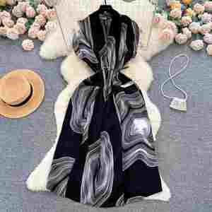 Vestido midi vintage de verano con cuello en V y estampado imperio para mujer, estilo túnica ajustada con encaje - Product Image 3