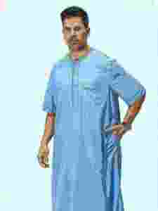 <b>Men's</b> Light Blue Cotton <b>Thobe</b> Short Sleeve Round Neck Floor Length Casual Daily Wear Middle Eastern great robe - Product Image 2