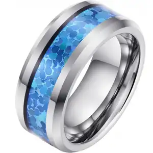 Oem Custom Logo 8MM Tungsten Carbide Rings For Men Silver Plated Inlay Blue Galaxy Opal