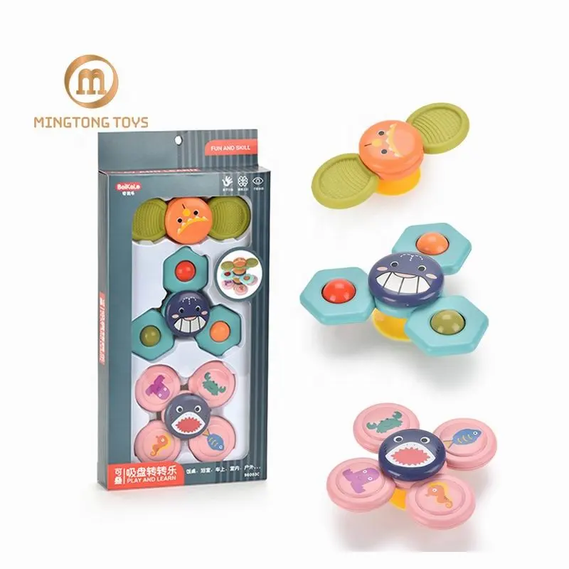 3 in 1 early education stackable suctioning teether rattle cartoon spinner suction stack up bath baby toy