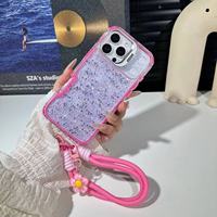 Coque Scintillante à Paillettes pour iPhone 18 17 16 ProMax, Housse Triple Couche avec Support d'Objectif, Dragonne Fleurie, Protection Anti-Chute des Bords