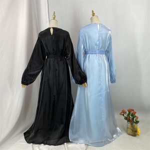 Último Modelo 2025, Abaya Ligera Cerrada, Vestido Maxi de Satén Brillante para Verano, Forrado, con Mangas Abullonadas y Bolsillos 6855 # - Product Image 3