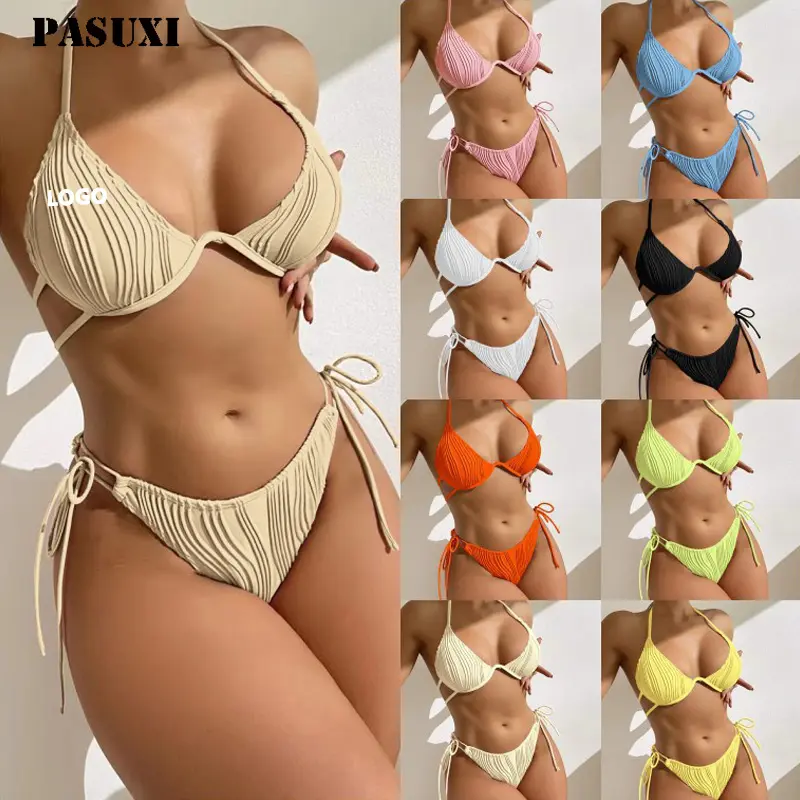 PASUXI individueller badeanzug Kordelzug String Bikini-Set 2024 Strick-Badeanzug 2-teiliges Set Damen Bademode Tanga Bikinis Strandbekleidung