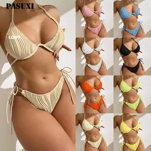PASUXI Custom Bathing Suit Drawstring String Bikini Set 2024 Knit Swimsuit 2 Piece Set Women Swimwear Thong Bikinis Beachwear