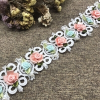 Ruban de dentelle en polyester soluble dans l'eau, motif floral moelleux, exquis, 3D, fait main, orné de perles, pour robe de mariée pour enfants