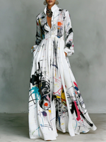 Robe bohème de haute qualité en coton mélangé pour femmes, col montant, manches longues, imprimé, longueur au sol, robe de vacances avec poches latérales