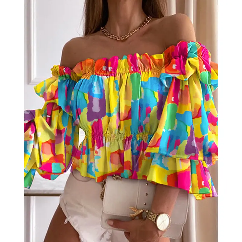 패션 2021 여름 새로운 여성 인쇄 섹시한 원 숄더 로터스 슬리브 셔츠 블라우스