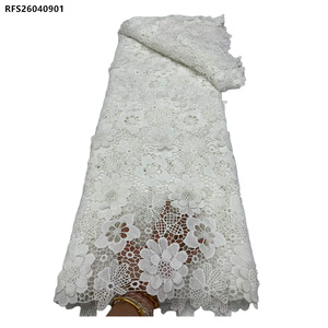 Tissu en dentelle <span class=keywords><strong>soluble</strong></span> dans l'eau brodé de fleurs, couleur unie, style nigérian, tissu en dentelle guipure africaine blanche - Product Image 6