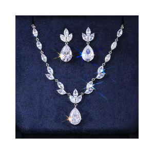 Shiny Set anting-anting kalung tetesan air daun Zircon kualitas tinggi Set anting-anting kalung liontin tetesan air rantai daun pernikahan - Product Image 1