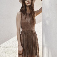 Robe mini gilet personnalisée pour femme, en faux daim, à taille naturelle, avec fermeture éclair sur le devant, à franges, à imprimé numérique et tissage uni