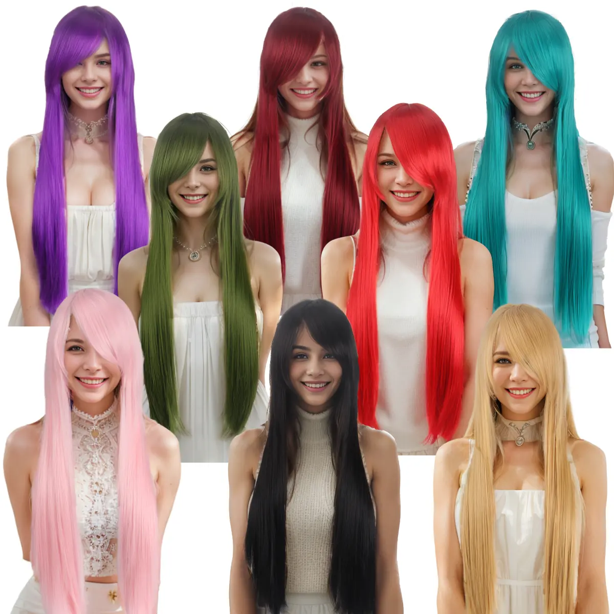Anxin Wig lurus panjang warna-warni alami, Wig kostum Cosplay pesta