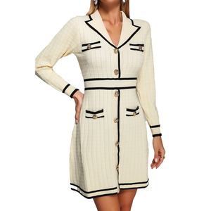 Robe midi ajustée en tricot chambray à col revers et manches longues pour femme, taille naturelle, avec boutons tendance – Vente en gros personnalisable de haute qualité pour l'automne - Product Image 1